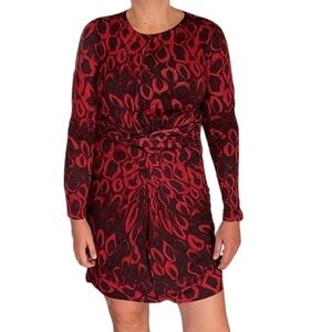 HUGO Boss black red print  long sleeve knee length dress size L knot twist